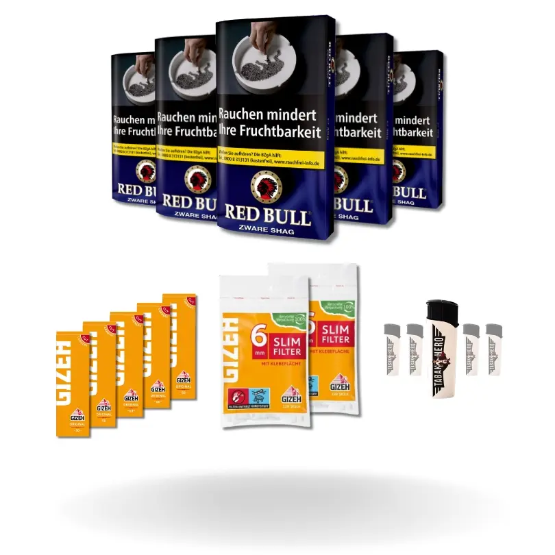 Bundle: Red Bull Zware Drehtabak (5x40g) + Gizeh Papes (5x50 Stück) + Gizeh Filter (2x120 Stück) + Feuerzeuge (5 Stück)
