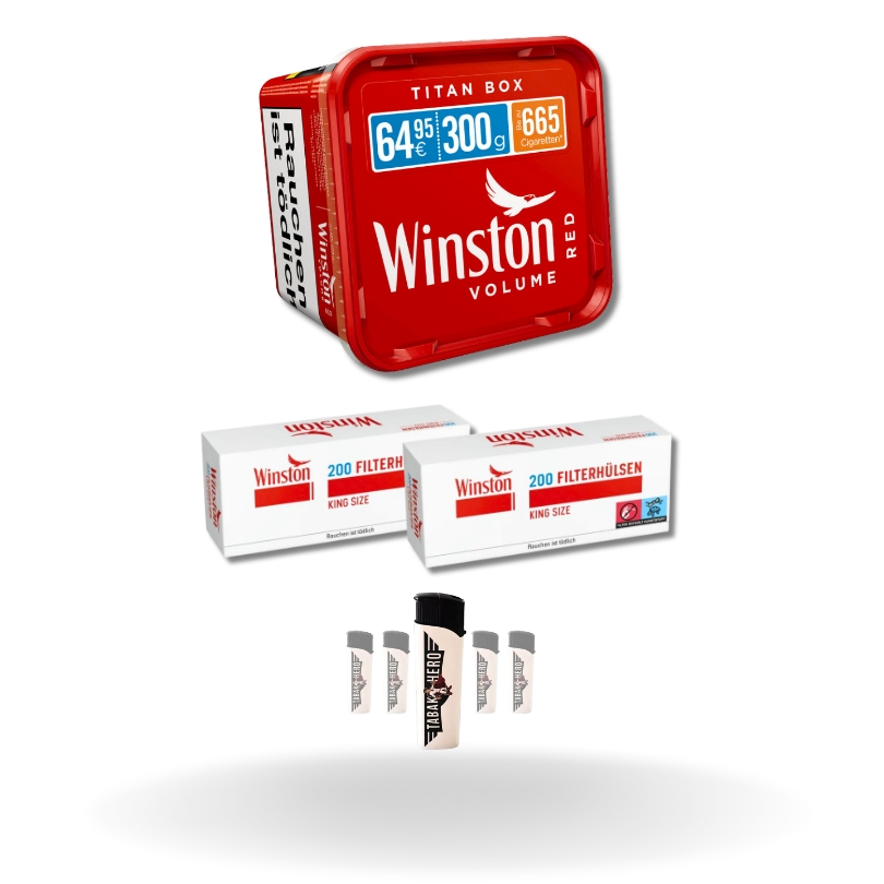 Bundle: Winston Red Stopftabak (270g) + Winston Hülsen King Size (2x200 Stück) + Feuerzeuge