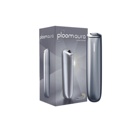 Produktbild des Ploom Aura Device in der Farbe Lunar Silver. Der silberne, knopflose Tabakerhitzer mit IntuiTouch-Oberfläche