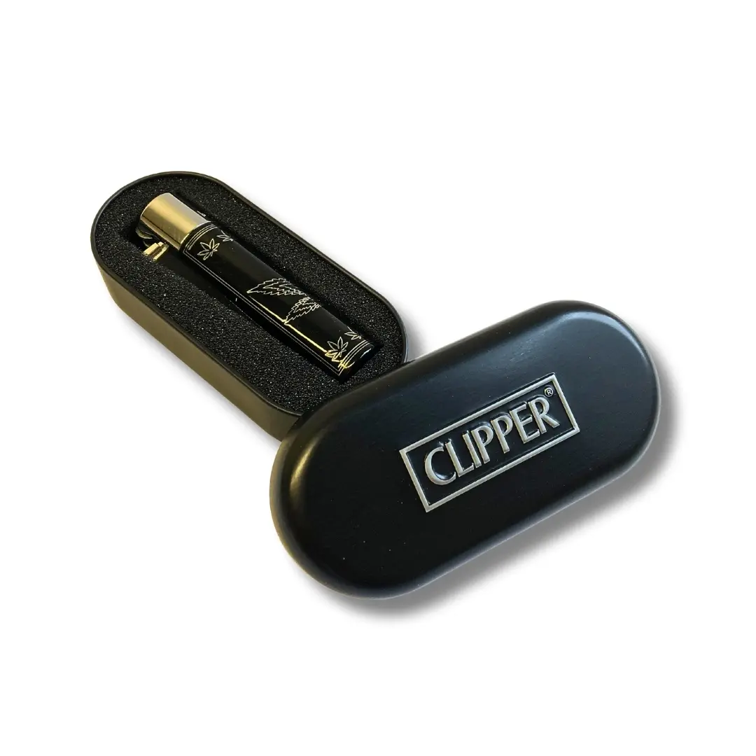 Clipper Feuerzeug Metall Leaves Schwarz Silber Verpackung
