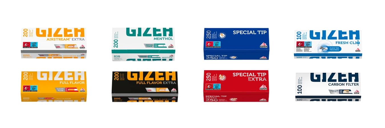 GIZEH Filterhülsen in verschiedenen Varianten: Airstream Extra, Menthol, Special Tip, Fresh Cliq, Full Flavor, Full Flavor Extra, Special Tip Extra und Carbon Filter – Boxen nebeneinander, Frontansicht.