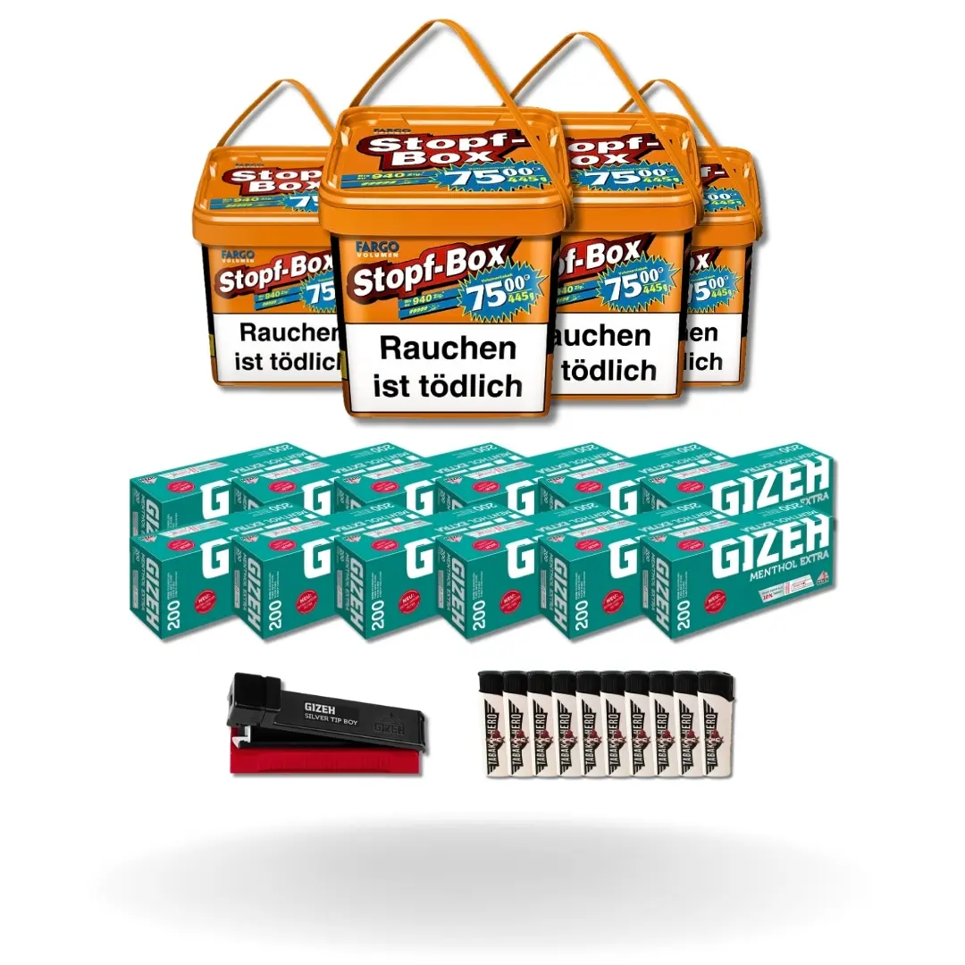 Bundle: Fargo Stopf-Box Stopftabak (4x420g) + Gizeh Menthol Hülsen Extra Size (12x200 Stück) + Gizeh Stopfgerät + Feuerzeuge (10 Stück) 
