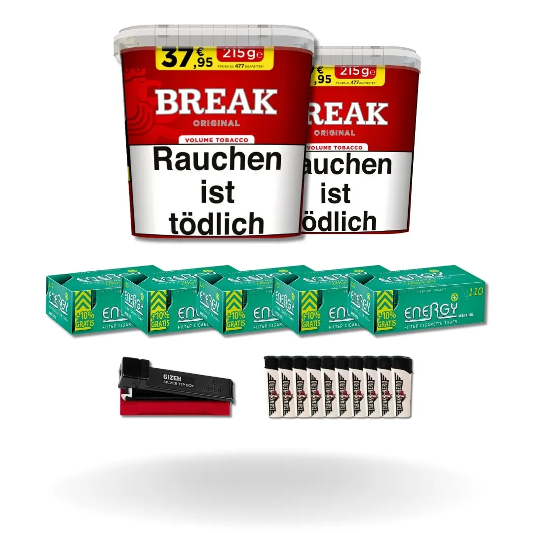 Bundle: Break Red Stopftabak (2x195g) + Energy Plus Menthol Hülsen King Size (5x110 Stück) + Gizeh Stopfgerät + Feuerzeuge (10 Stück) 
