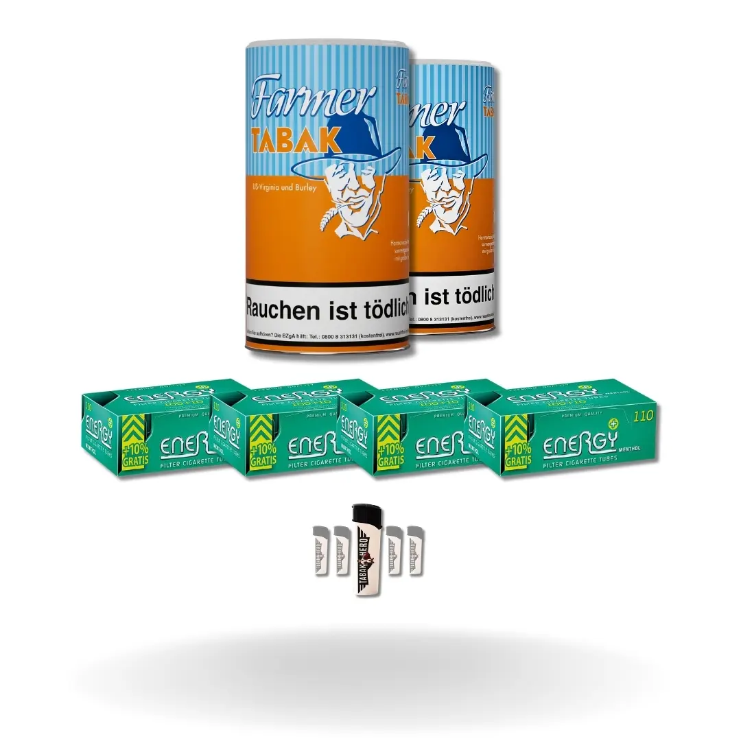 Bundle: Farmer Orange Pfeifentabak (2x160g) + Energy Plus Menthol Hülsen King Size (4x110 Stück) + Feuerzeuge (5 Stück) 