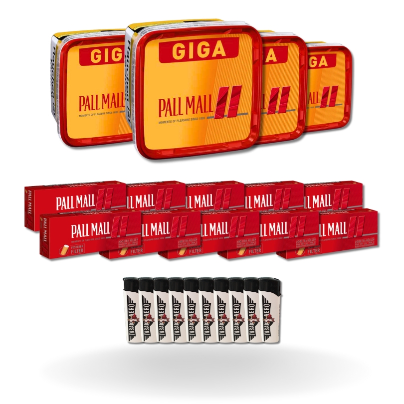 Bundle: Pall Mall Red Tabak Eimer (4x260g) + Pall Mall Hülsen (10x200 Stück) + Feuerzeuge (10 Stück)