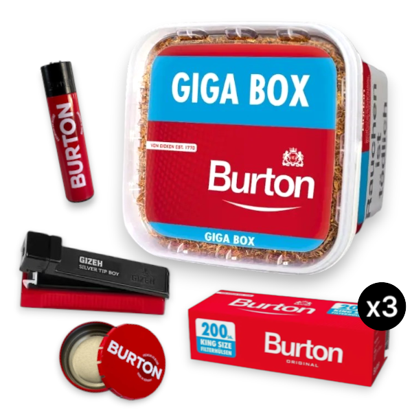 Komplettes Stopf-Set mit Burton Giga Box Eimer (400g), Gizeh Stopfmaschine, 3x Burton King Size Hülsen (600 Stück), Feuerzeug und Taschenaschenbecher