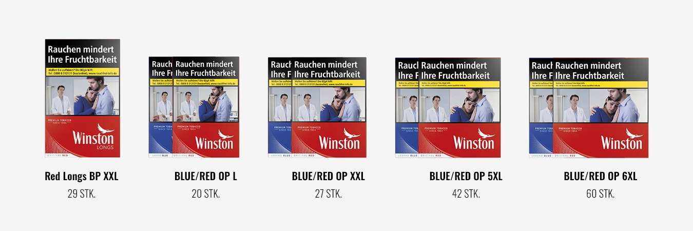 Winston Packungsgrößen – Red & Blue Formate | Tabakhero Winston Packungsgrößen Übersicht – Red und Blue in OP L, OP XXL, OP 5XL und OP 6XL
