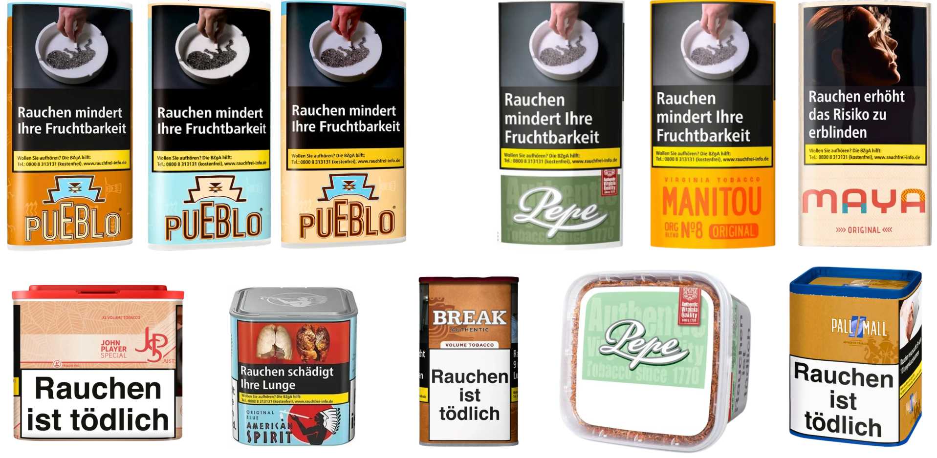 Eine Auswahl an naturbelassenen Tabakprodukten ohne chemische Zusätze in verschiedenen Verpackungen