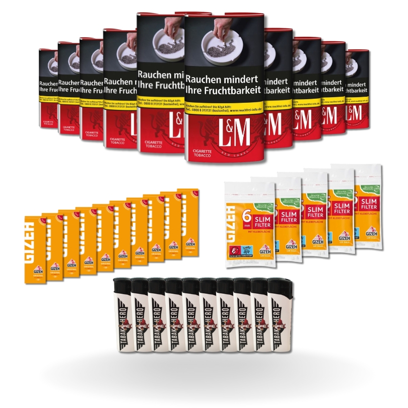 Bundle: L&M Red Drehtabak (10x30g) + Gizeh Papes (10x50 Stück) + Gizeh Filter (5x120 Stück) + Feuerzeuge (10 Stück)