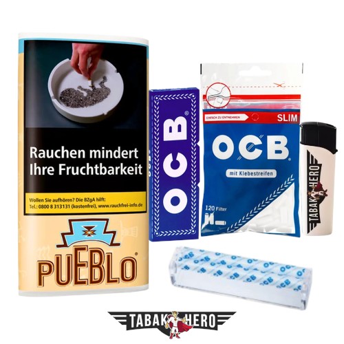Anfänger Set zum Zigaretten drehen mit zusatzstofffreiem Pueblo Classic Tabak, OCB Drehmaschine, Blättchen und Filtern