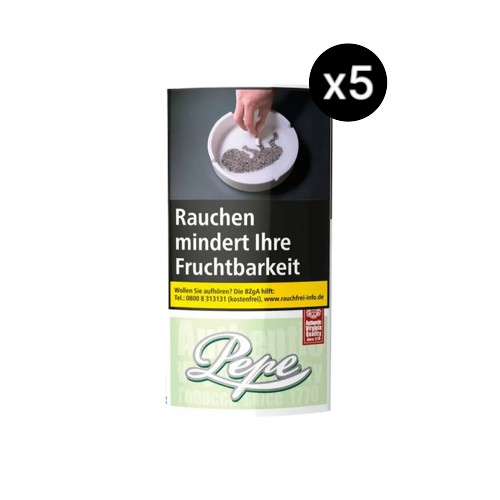Bundle Pepe Bright Green Drehtabak Pouch mit 5x 30g. 100% naturbelassener Virginia Blend mit langfaseriger Architektur für makellose RYO-Eigenschaften und lineare Thermodynamik.