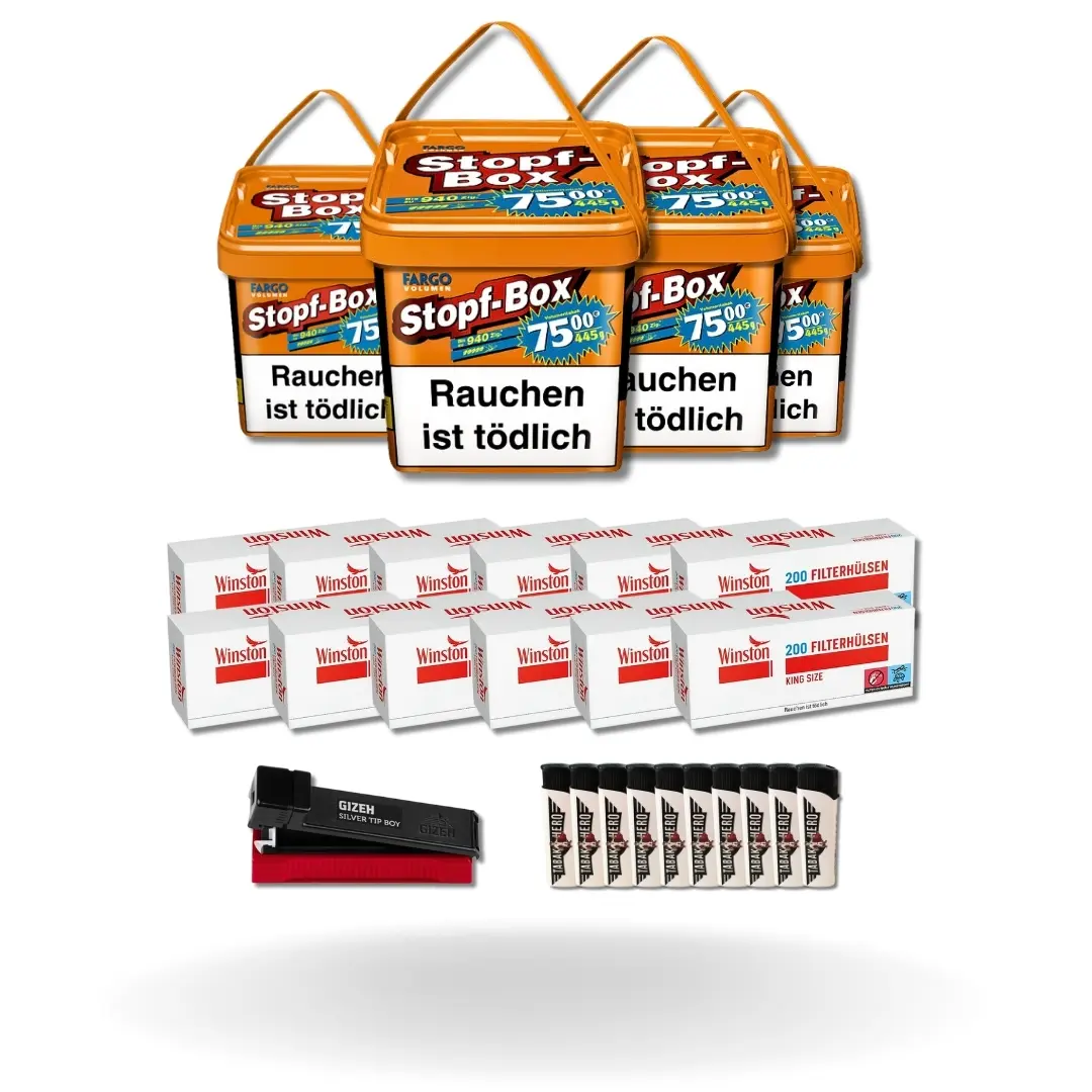 Bundle: Fargo Stopf-Box Stopftabak (4x420g) + Winston Red Hülsen King Size (12x200) + Gizeh Stopfgerät + Feuerzeuge (10 Stück) 