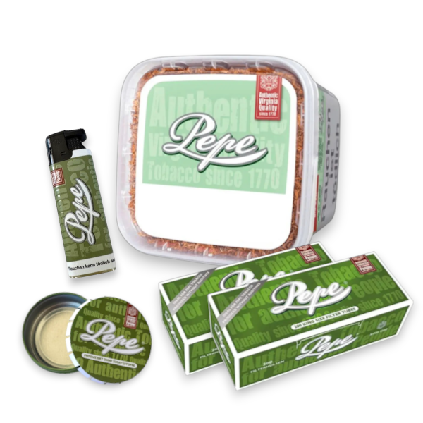 Komplettes Stopf-Set mit Pepe Bright Green Eimer (170g), 400 Pepe King Size Hülsen, Feuerzeug und Taschenaschenbecher