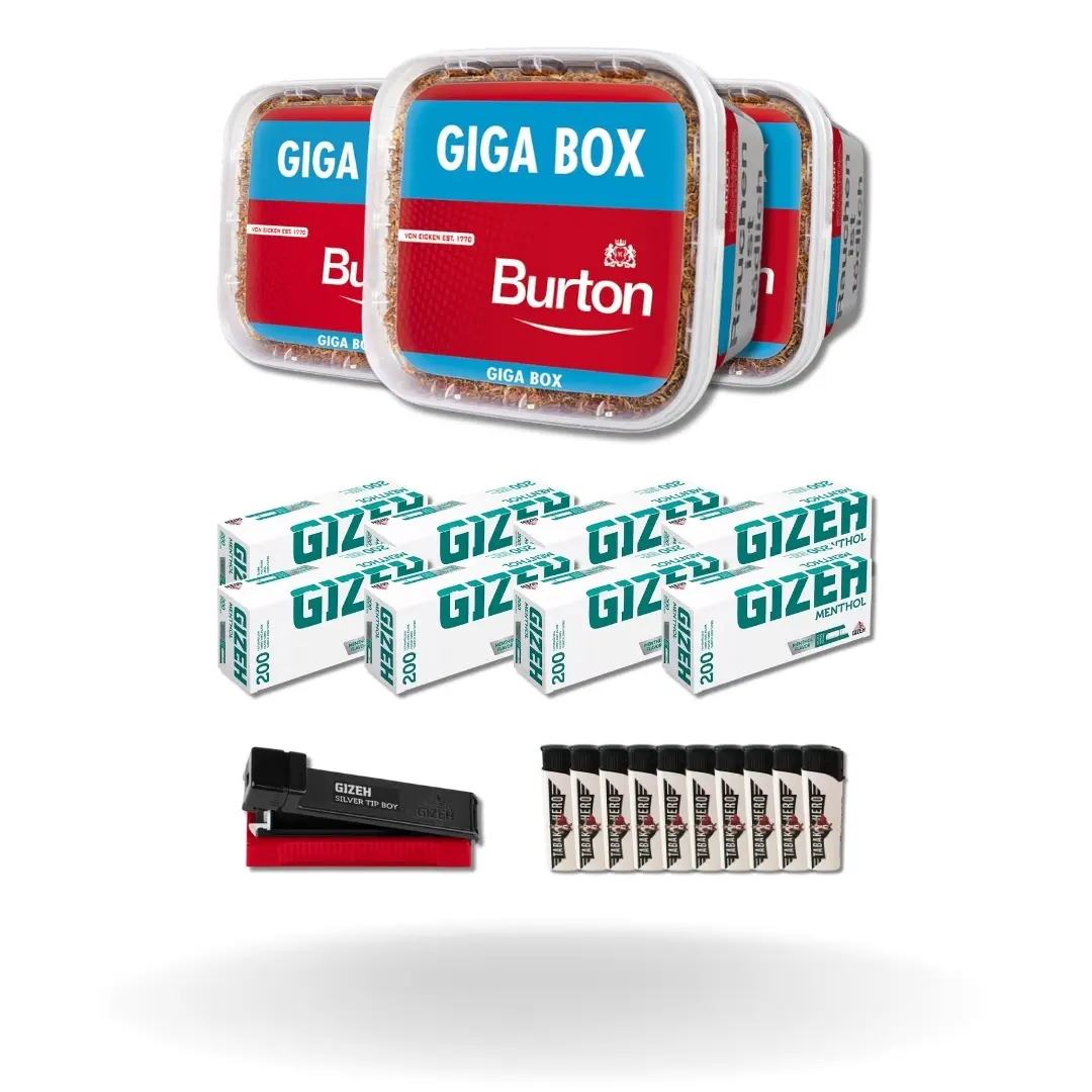 Bundle: Burton Red Stopftabak (3x400g) + Gizeh Menthol Hülsen King Size (8x200 Stück) + Gizeh Stopfgerät + Feuerzeuge (10 Stück) 