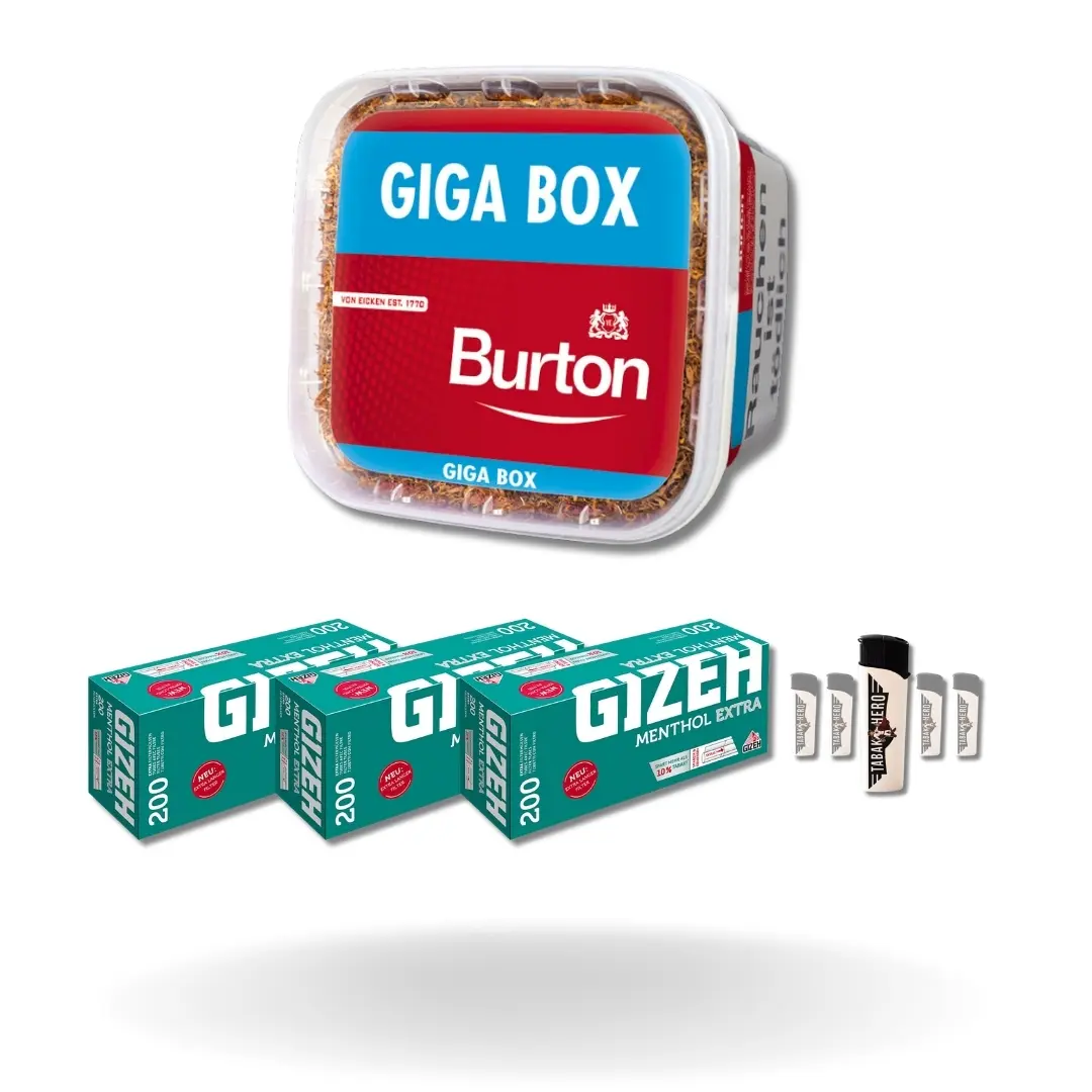 Bundle: Burton Red Stopftabak (400g) + Gizeh Menthol Hülsen Extra Size (3x200 Stück) + Feuerzeuge (5 Stück)