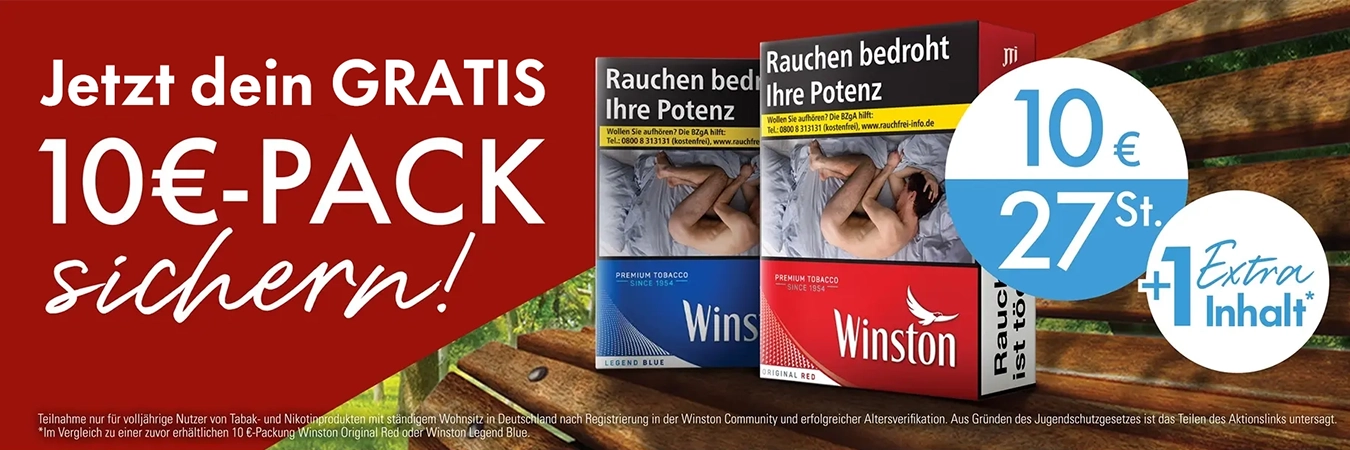 Winston Gratis 10€ Pack Aktion – Jetzt bei Tabakhero sichern Winston Gratis 10-Euro-Pack sichern – Premium-Zigaretten Red und Blue mit Extra Inhalt bei Tabakhero