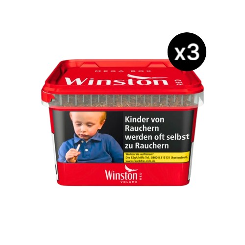Bundle Winston Red Volumentabak in 3x 115g Eimern Mega Box (Insgesamt 345g Vorratspackung). Ergiebiger Premium American Blend Stopftabak von JTI für kräftigen Genuss.