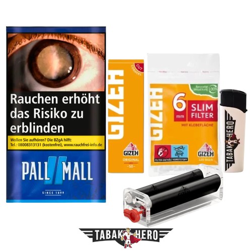 Anfänger Set zum Zigaretten drehen mit Pall Mall Roll Halfzware Tabak, Gizeh Drehmaschine, Blättchen und Filtern