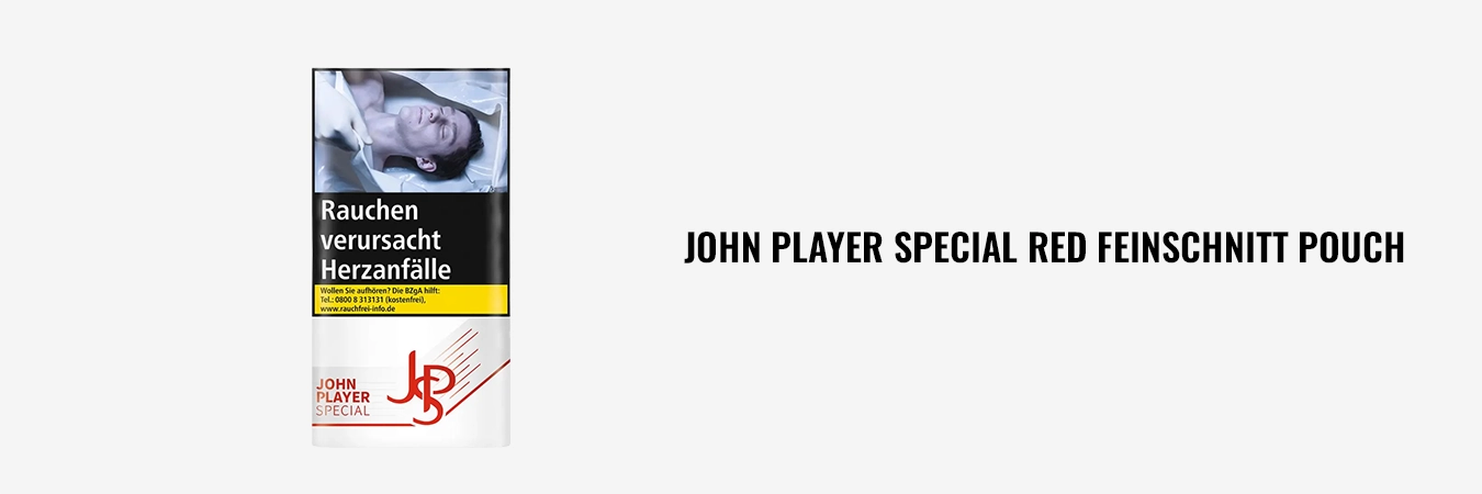 Beutel John Player Special (JPS) Red Feinschnitt-Drehtabak, Vorderseite mit gesetzlichem Warnhinweis.