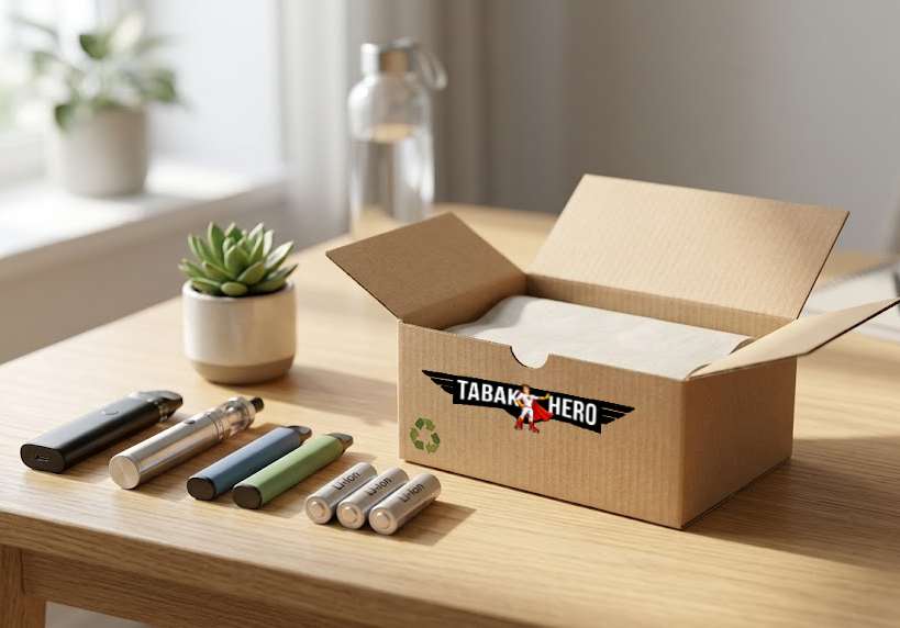 Karton für den umweltfreundlichen Rückversand von E-Zigaretten und Altbatterien bei Tabakhero