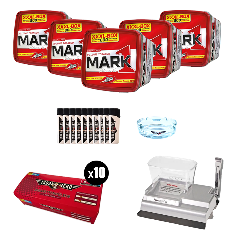 Bundle: Mark Adams 1 Stopftabak (5x400g) + Tabakhero Hülsen (10x200 Stk.) + Feuerzeuge (10 Stk.) + Powermatic 4+ Elektrische Stopfmaschine