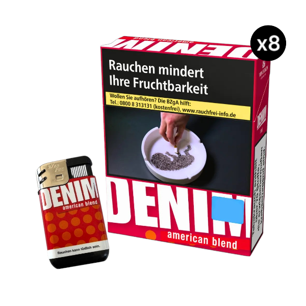 Set aus einer Stange Denim Red XXL Zigaretten (8x29 Stück) und einem original Denim Markenfeuerzeug