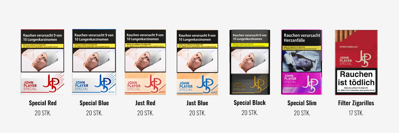 JPS Markenübersicht: Red, Blue, Just Red, Just Blue, Black, Slim und Red Filter Zigarillos – Packungen nebeneinander.