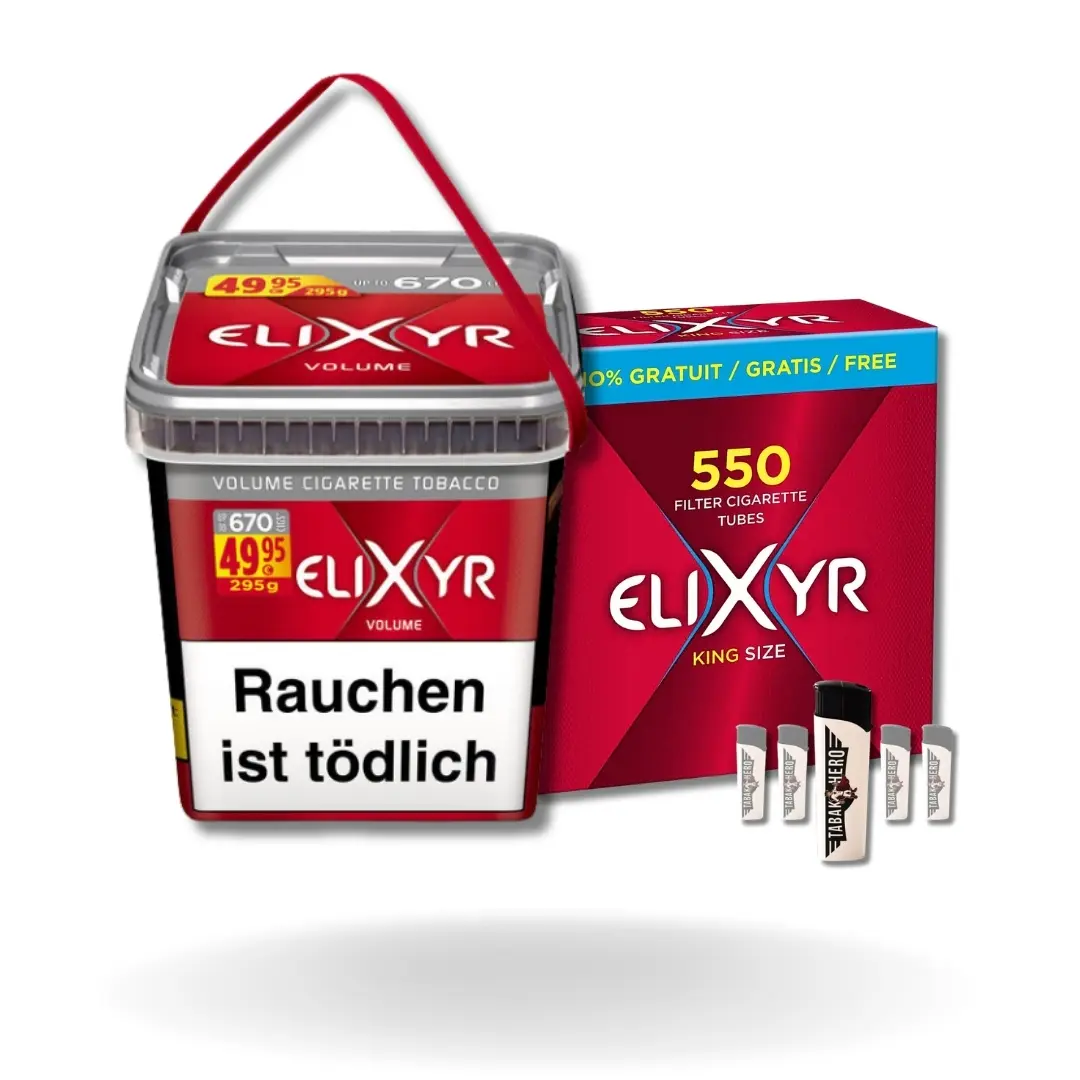 Bundle: Elixyr Red Stopftabak (260g) + Elixyr Hülsen King Size (550 Stück) + Feuerzeuge (5 Stück)