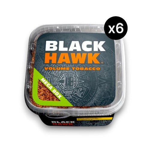 Groß-Bundle mit Black Hawk Tabak zum Stopfen 6x230g Eimer. Expandierte Faser-Architektur für makellose Thermodynamik. Perfekt zum Selbststopfen von Zigaretten.