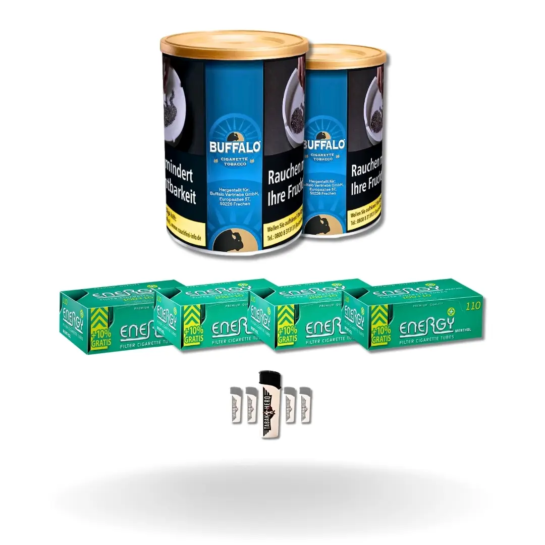 Bundle: Buffalo Blue Halfzware Drehtabak (2x140g) + Energy Plus Menthol Hülsen (4x110 Stück) + Feuerzeuge (5 Stück)