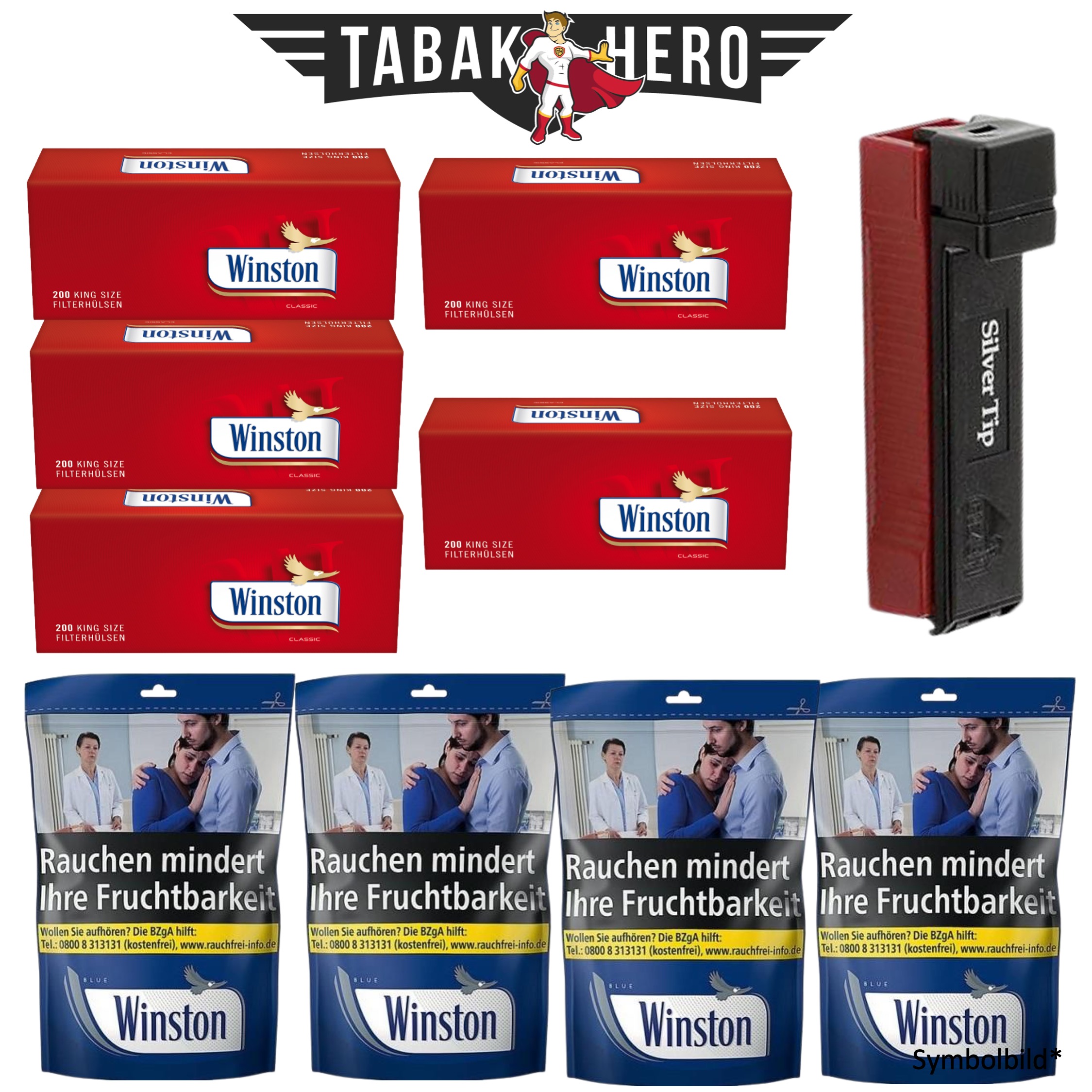 AKTION! 4x Winston Blue Beutel 110g + 5x Winston Hülse 200 + Gizeh Silver Tip Boy Stopfer