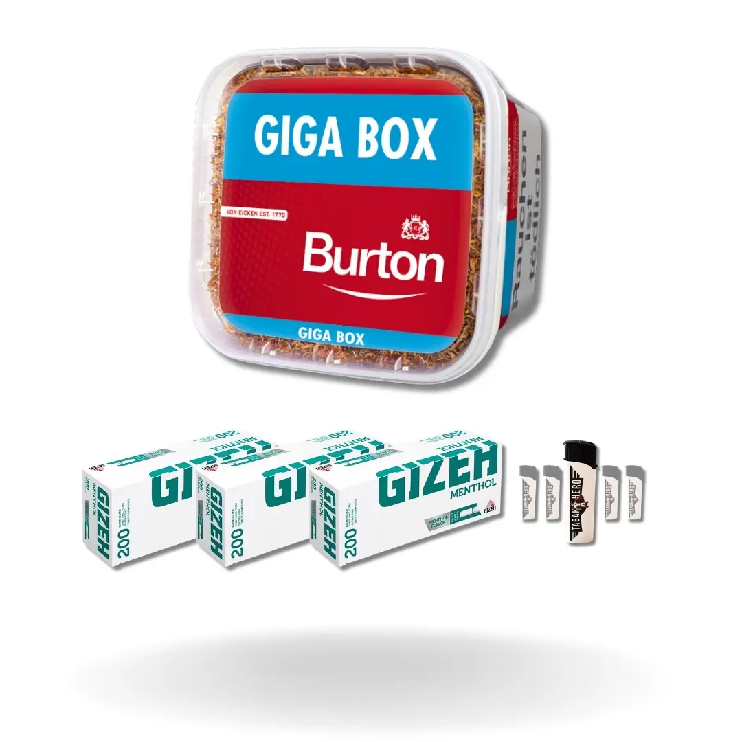 Bundle: Burton Red Stopftabak (400g) + Gizeh Menthol Hülsen King Size (3x200 Stück) + Feuerzeuge (5 Stück)