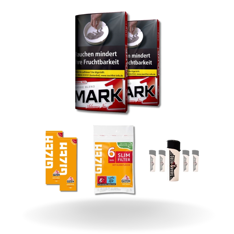 Bundle: Mark Adams 1 Classic Drehtabak (2x30g) + Gizeh Papes (2x50 Stück) + Gizeh Filter (120 Stück) + Feuerzeuge (5 Stück)