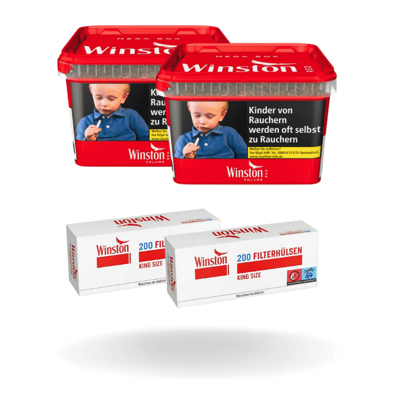 Bundle: Winston Red Tabak Eimer (2x120g) + Winston Red Filterhülsen King Size (2x200 Stück)