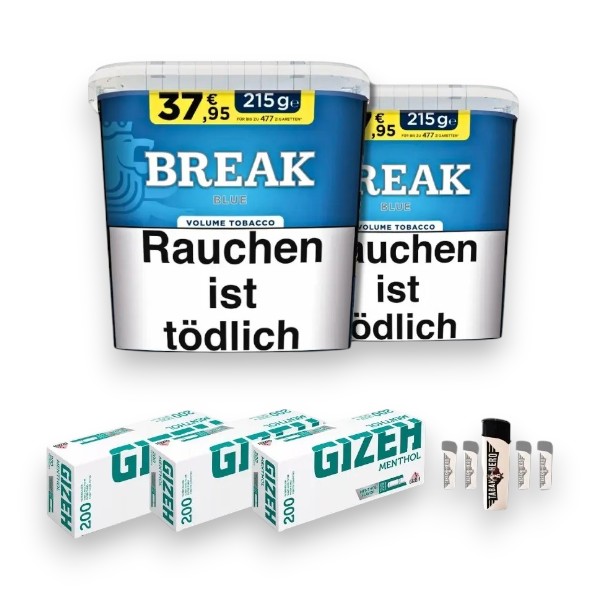 Komplett-Set Break Blue Volumentabak 2x185g Eimer mit Gizeh Menthol Filterhülsen und 5 Feuerzeugen