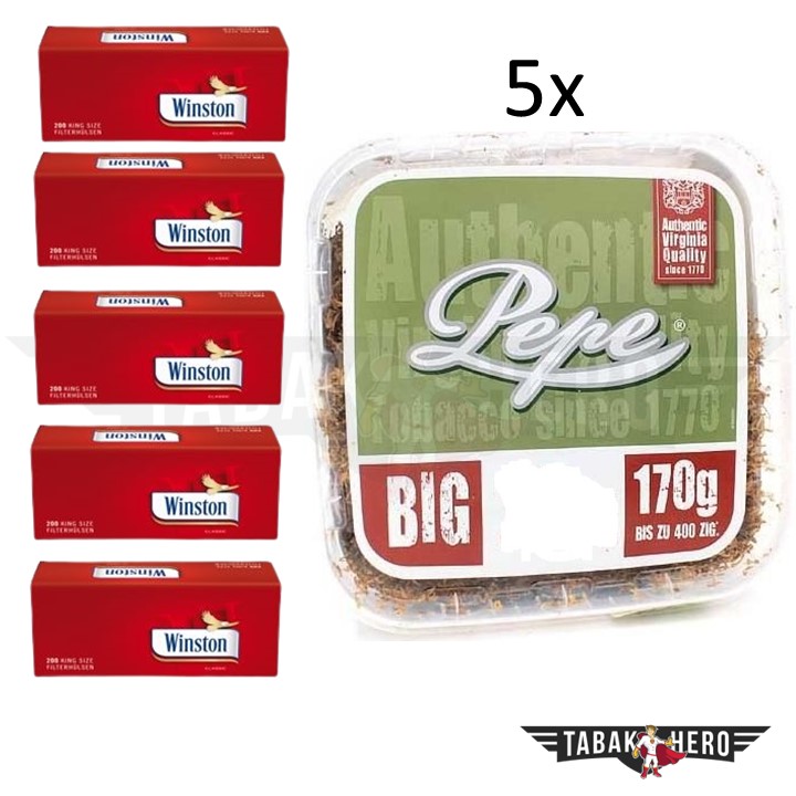 Bundle: Pepe Rich Green Tabak (5x170g) + Winston Red Hülsen (5x200 Stück)