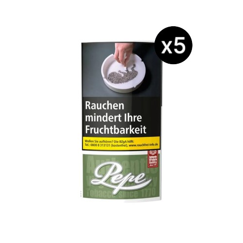 Bundle mit Pepe Rich Green Feinschnitt Tabak 5x 30g Pouch. 100% naturbelassener, gehaltvoller Virginia Blend mit langfaseriger Architektur für makellose RYO-Eigenschaften und lineare Thermodynamik.