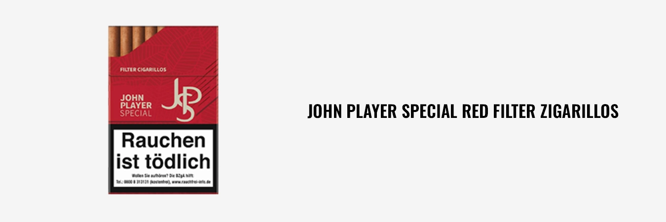Schachtel John Player Special (JPS) Red Filter Zigarillos, Vorderseite mit gesetzlichem Warnhinweis.