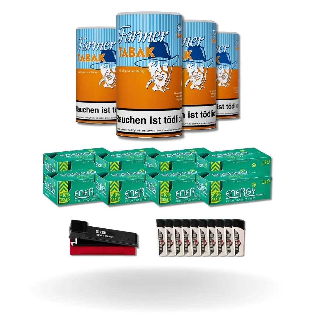 Bundle: Farmer Orange Pfeifentabak (4x160g) + Energy Plus Menthol Hülsen King Size (8x110 Stück) + Gizeh Stopfgerät + Feuerzeuge (10 Stück) 