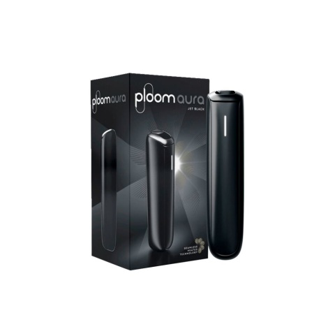 Produktbild des Ploom Aura Device in der Farbe Jet Black. Der schwarze, knopflose Tabakerhitzer mit IntuiTouch-Oberfläche