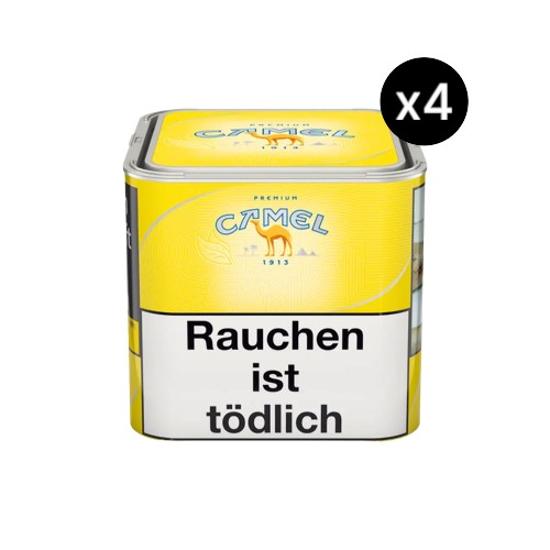 Bundle Camel Yellow Tabak Feinschnitt in 4x 58g Dosen (Insgesamt 232g Vorratspackung). Premium Turkish und American Blend Stopftabak von JTI für würzigen Genuss.