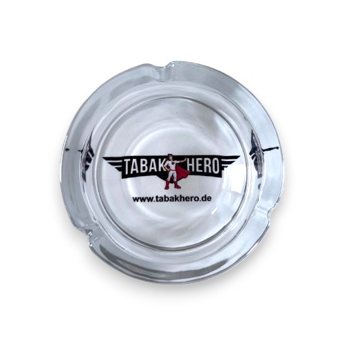 Draufsicht auf den Tabakhero Glas Aschenbecher mit drei ergonomischen Ablage-Kerben und zentriertem Tabakhero Logo-Branding.