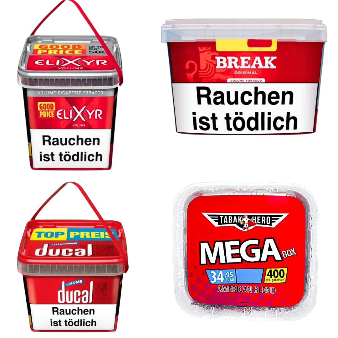 Tabakvergleich: Eimer von Elyxir Red, Break Red, Ducal Red und Tabakhero Mega Box im direkten Vergleich