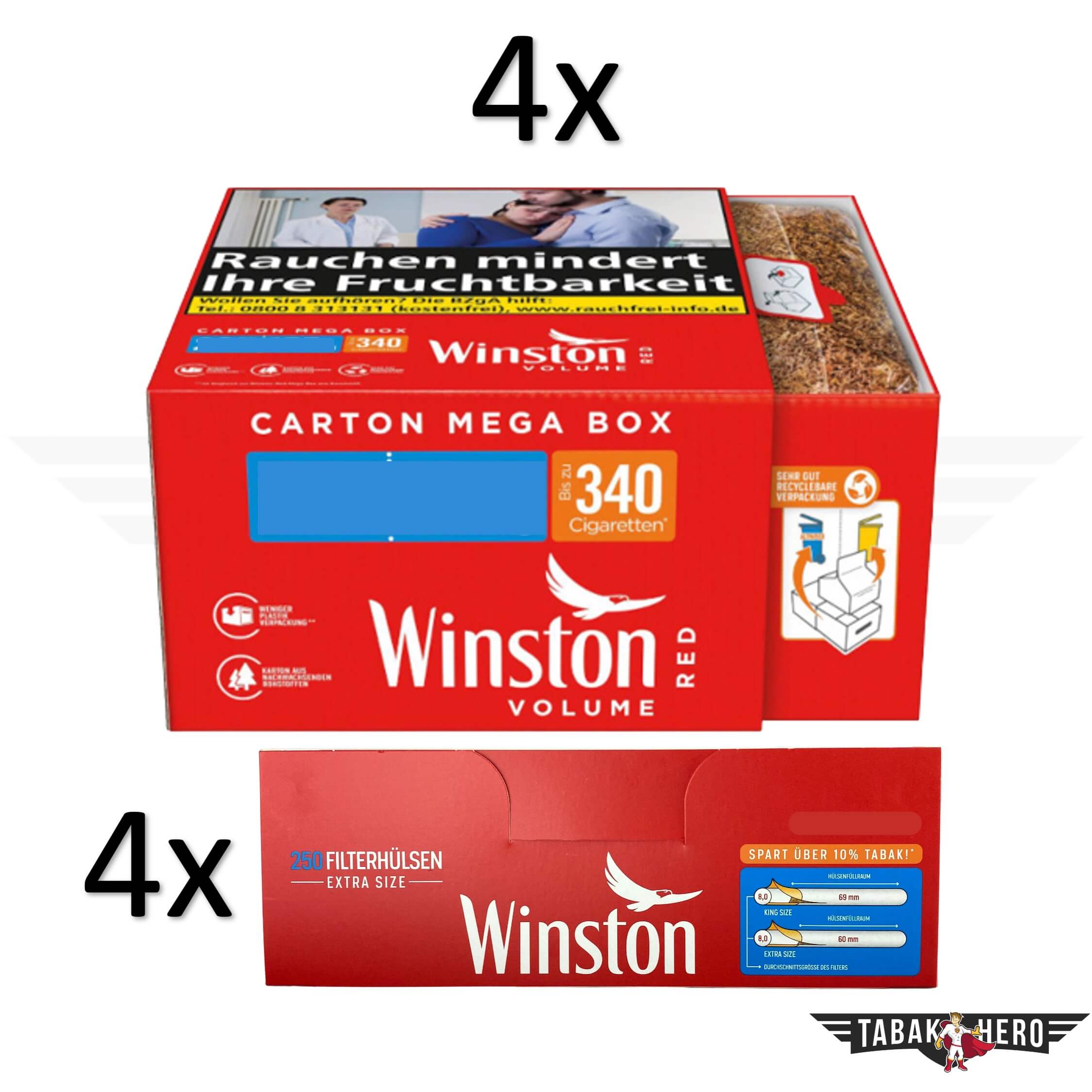 4x Winston Red Megabox Tabakeimer 140g inkl. 4x Winston 250 Hülsen (Stopftabak / Volumentabk)