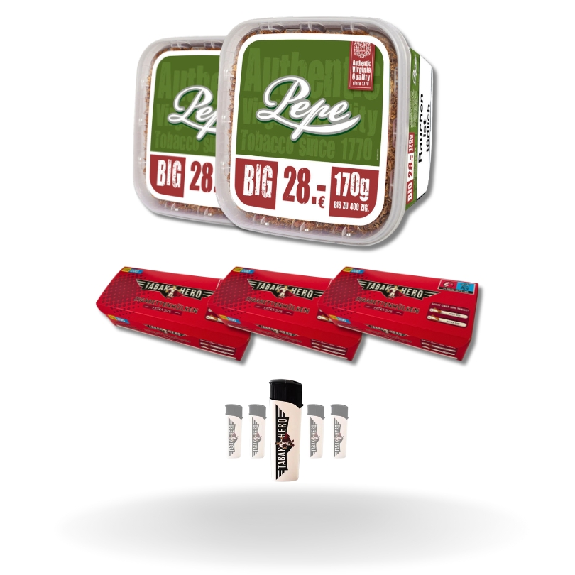 Bundle: Pepe Rich Green Stopftabak (2x170g) + Tabakhero Hülsen Extra (3x200 Stück) + Feuerzeuge (5 Stück)