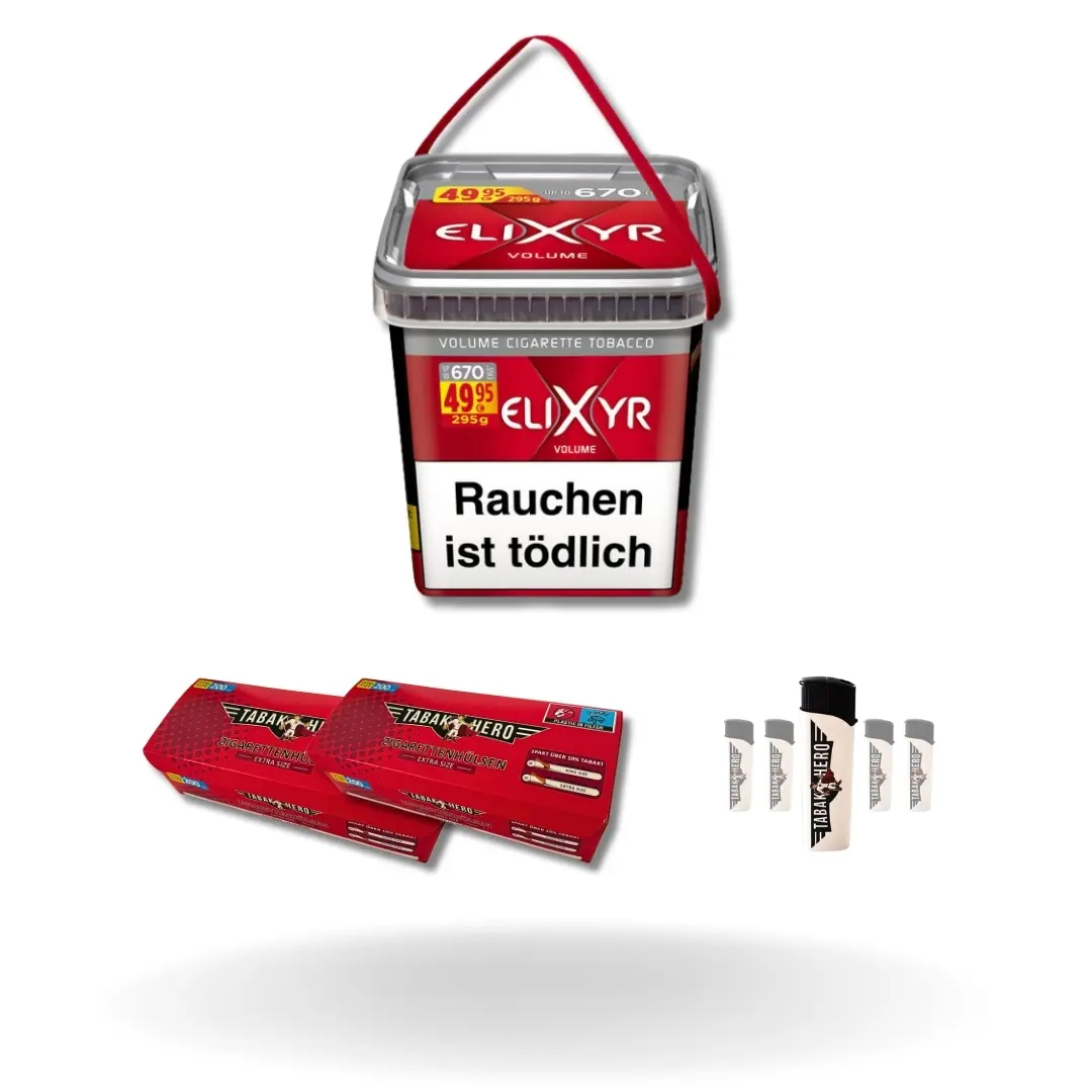 Bundle: Elixyr Red Stopftabak (260g) + Tabakhero Hülsen Extra Size (2x200 Stück) + Feuerzeuge (5 Stück)