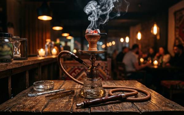 Eine klassische Shisha mit perfekt durchgeglühten Kohlen auf dem Kopf, bereit für ein intensives Geschmackserlebnis
