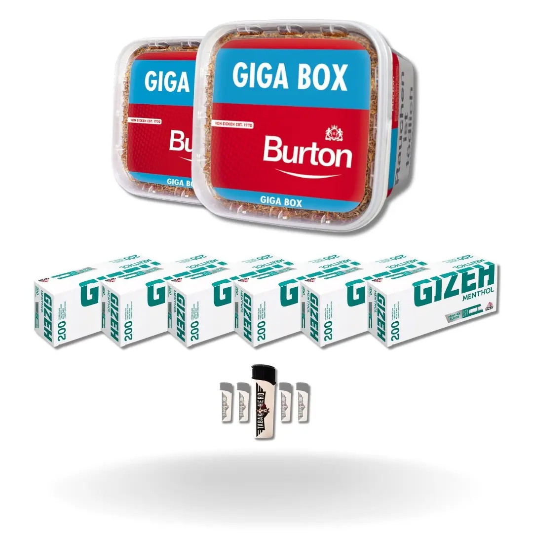 Bundle: Burton Red Stopftabak (2x400g) + Gizeh Menthol Hülsen King Size (6x200 Stück) + Feuerzeuge (5 Stück) 