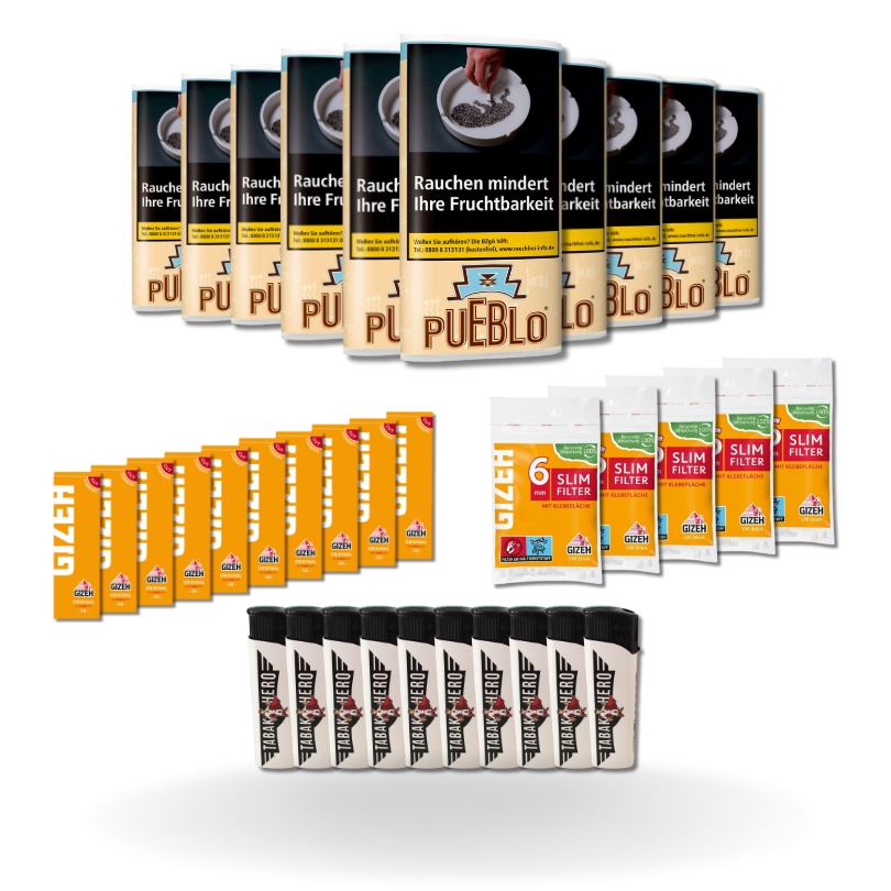 Bundle: Pueblo Drehtabak (10x30g) + Gizeh Papes (10x50 Stück) + Gizeh Filter (5x120 Stück) + Feuerzeuge (10 Stück)
