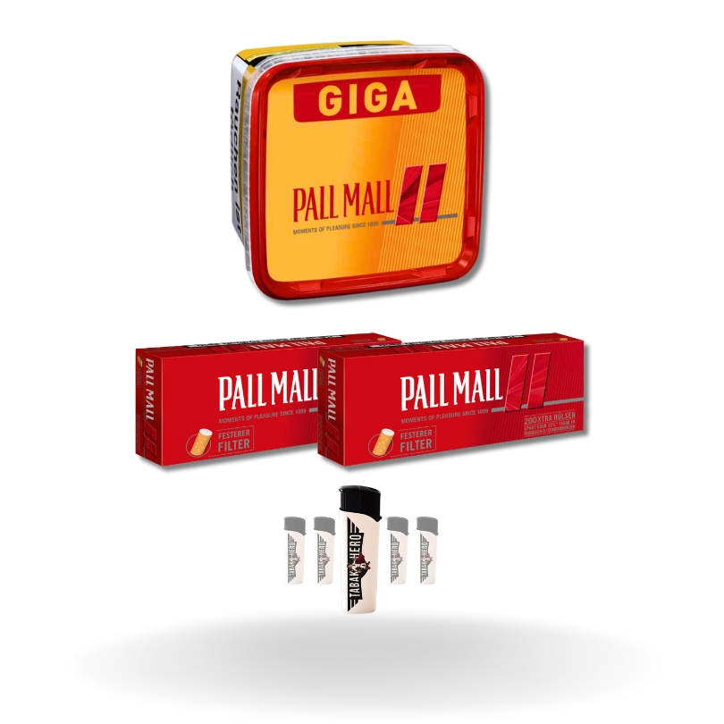 Bundle: Pall Mall Red Tabak Eimer (260g) + Pall Mall Hülsen (2x200 Stück) + Feuerzeuge (5 Stück)